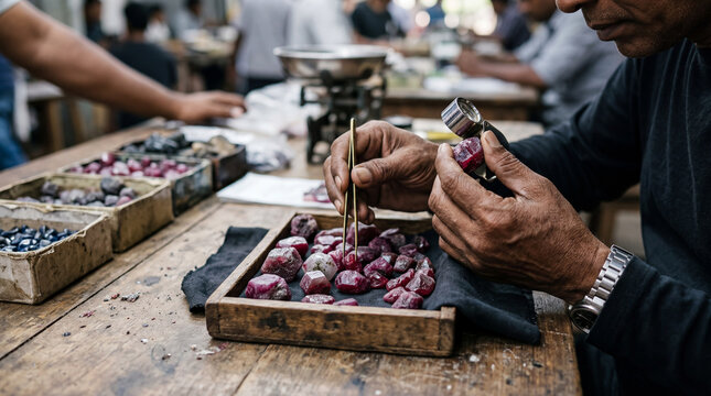 Close-up of a gem dealer examining colorful gemstones on a wooden table with natural lighting