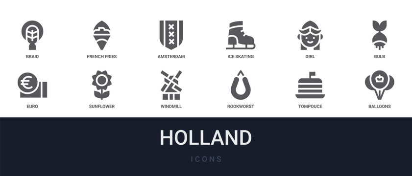 Set of 12 solid Holland icons for dashboards, app screens and website sections. Filled glyph collection including french fries, ice skating shoes, bulb, sunflower and windmill.