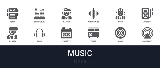 Fototapeta premium Set of 12 solid Music icons for dashboards, app screens and website sections. Filled glyph collection including sound level, audio waves,. for website design and mobile, app development, print. from