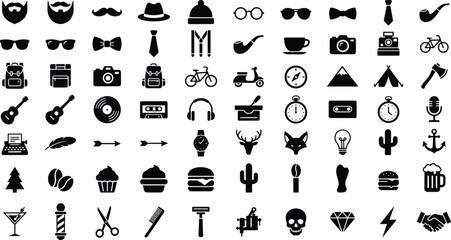 Vintage hipster culture solid black icons set for retro lifestyle fashion branding barber shop graphic design vector © MstLaky