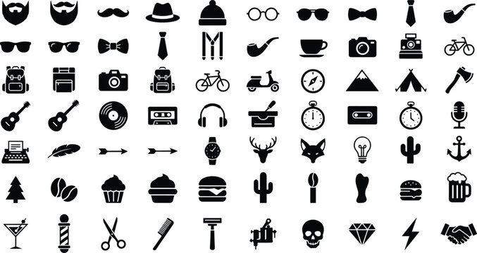 Vintage hipster culture solid black icons set for retro lifestyle fashion branding barber shop graphic design vector