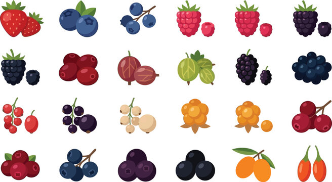A colorful and diverse collection of 20 different types of berries and fruits