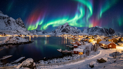 Fototapeta premium Captivating night scene showcasing the Northern Lights above snow-covered mountains and a quaint village lit under the starry sky