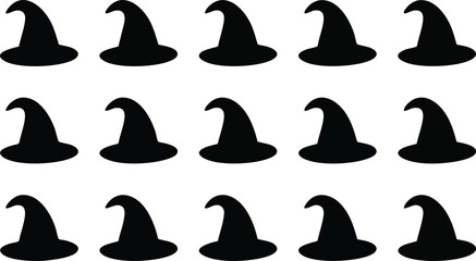 Fifteen black silhouettes of identical pointed witch hats for halloween costume patterns, magic themes, and festive holiday © GFX