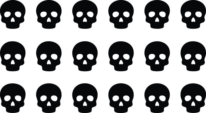 Pattern of eighteen identical black silhouette skull arranged in a grid, isolated on a white background, for halloween themes