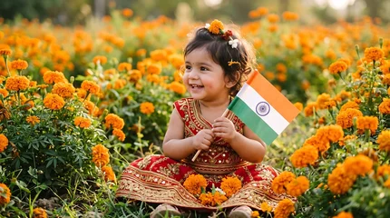  Happy India Independence Day - Toddler Smiling with Flag in Orange Flower Field © Mrinal