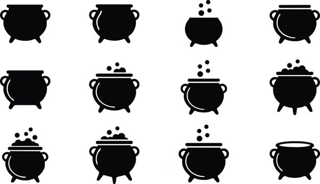 Set of black silhouettes of witch cauldrons with bubbling potions and steam, isolated on a white background, halloween
