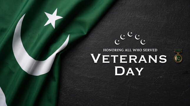 Pakistan Veterans Day commemorative background, national flag with honoring all who served text, patriotic military tribute on dark stone texture