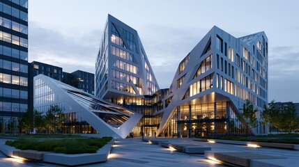 Naklejka premium Modern architectural complex at dusk with illuminated and geometric facade in urban setting