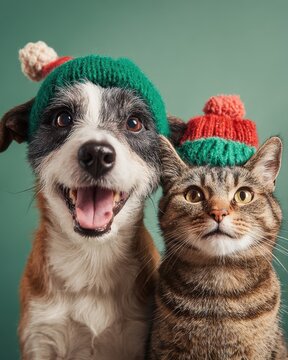 Adorable scruffy dog and cute tabby cat wearing festive knitted pom-pom winter hats on solid green background, cheerful studio portrait of pets in holiday outfits, bright whimsical mood.