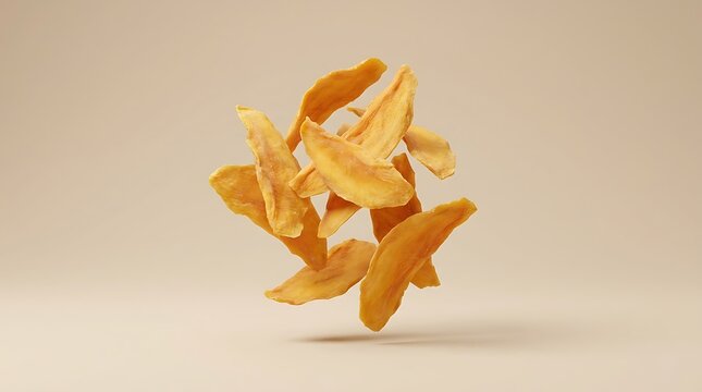 Healthy organic dried mango flakes floating in a clean studio shot with soft lighting on a neutral beige backdrop.