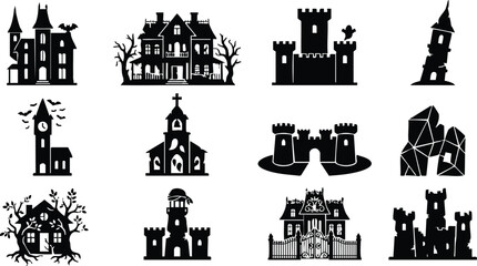 Obraz premium Set of twelve black silhouette featuring haunted houses, castles, and spooky buildings, isolated on a white background, for halloween