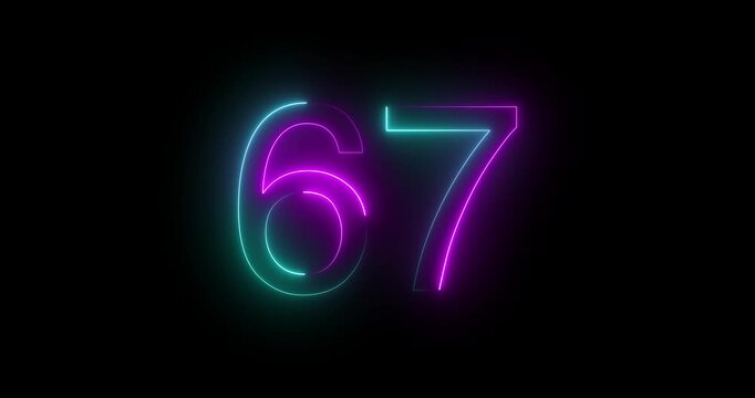 Glowing neon 67 text number animation on black background. Bright neon 67 number symbol. glowing neon number animation concept