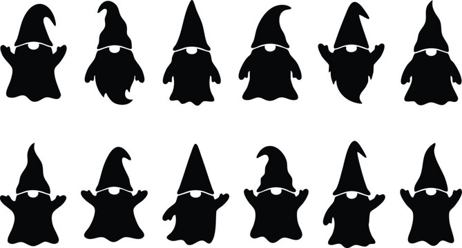 Set of twelve black silhouettes of garden gnomes with pointed hats and long beards isolated on a white background, for holiday decoration