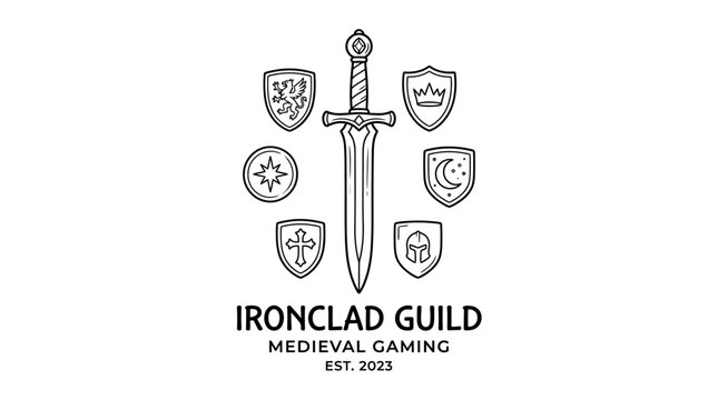 Medieval sword and shield crests logo.