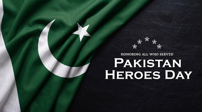 Pakistan Heroes Day commemorative background, national flag of Pakistan on black fabric texture, honoring all who served tribute poster
