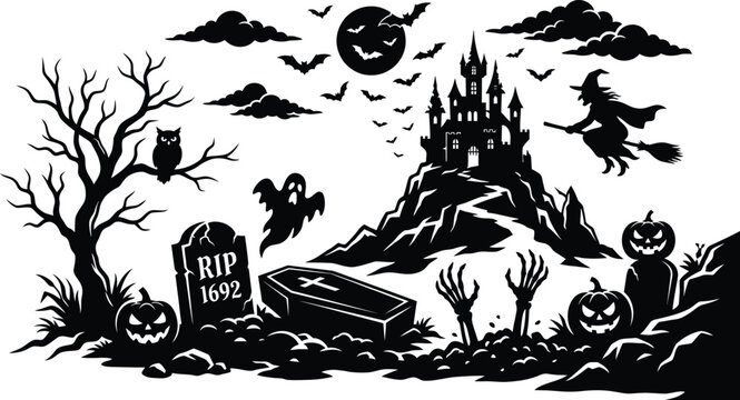 Spooky halloween day scene haunted castle witch and jack o' lanterns for festive celebrations