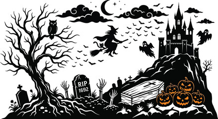 Fototapeta premium Spooky halloween day scene witch ghosts and jack o' lanterns for festive celebrations