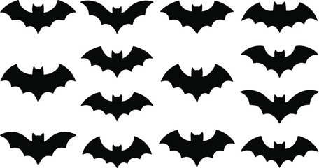 Fototapeta premium Twelve black bat silhouettes in various flying postures arranged in a grid isolated on a white background, for halloween