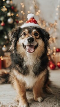 Happy tricolor dog wearing a tiny red Santa hat sits in front of a blurred Christmas tree with warm golden bokeh lights. Festive holiday scene featuring cheerful pet in cozy home interior.
