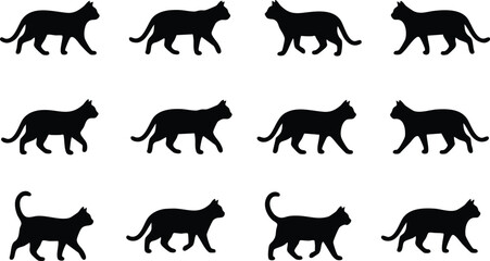 Obraz premium Twelve black cat silhouettes showing walking poses for halloween or animal themed projects on a white background