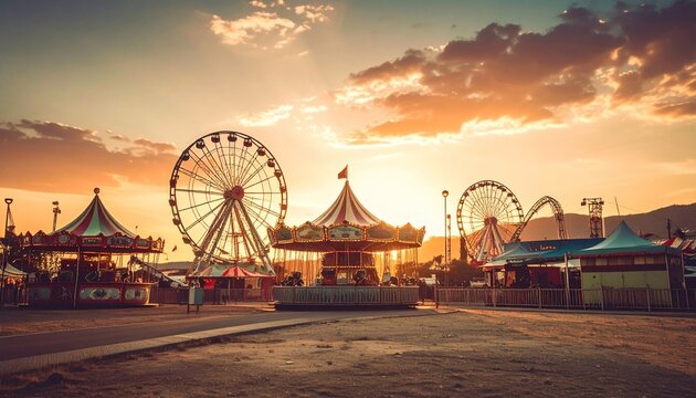 Sunset at the Carnival - Ferris Wheels and Carousel.