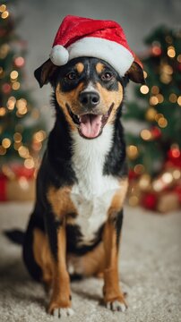 Happy tricolor mixed breed dog wearing a red Santa hat sitting on a carpet in front of a decorated Christmas tree with warm bokeh lights, festive holiday indoor setting, cheerful pet portrait.