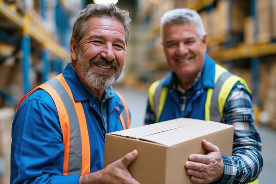 Warehouse employees practicing safe team lifting with cardboard box in aisle