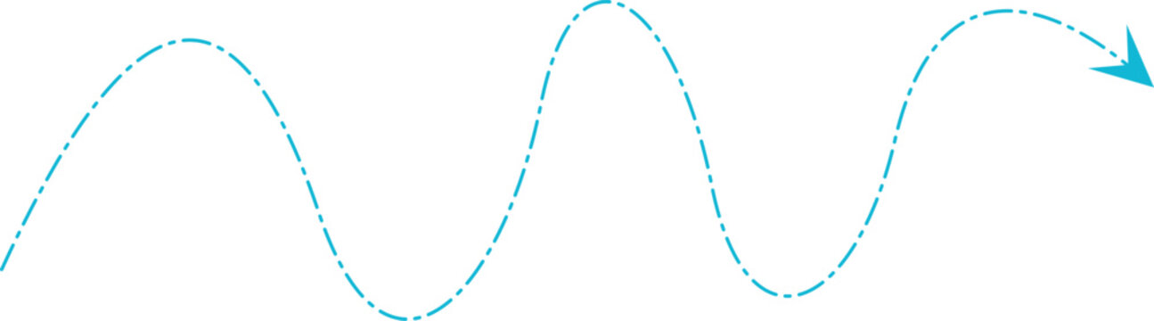 Dashed blue arrow line moving in a wavy pattern on a white background with a clear directional concept