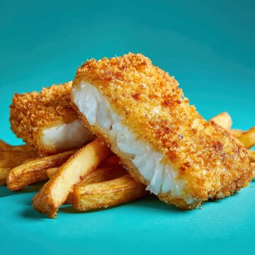 Crispy breaded fish fillets served with golden french fries against vibrant teal background, gourmet seafood snack featuring flaky white cod, bright studio lighting, delicious and savory.