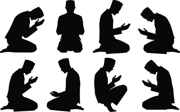 Muslim prayer poses collection silhouette illustrations for islamic art and design