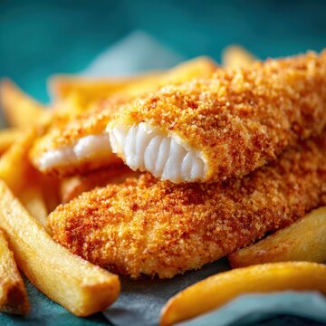 Golden crispy breaded fish fillets served with french fries on a dark teal background, close up view showing flaky white fish texture and crunchy coating under warm bright atmospheric lighting.