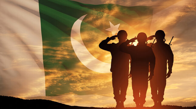 Military silhouette of soldiers saluting against Pakistan flag, patriotic army heroes at sunset, national defense and independence day concept