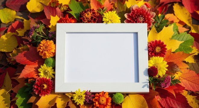 Blank white picture frame on colorful autumn leaves background