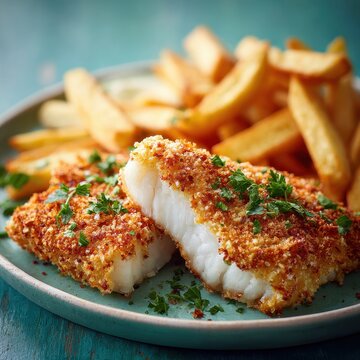 Crispy golden breaded white fish fillets served with hot potato french fries and fresh parsley garnish on teal ceramic plate over rustic turquoise wooden table in bright natural daylight.