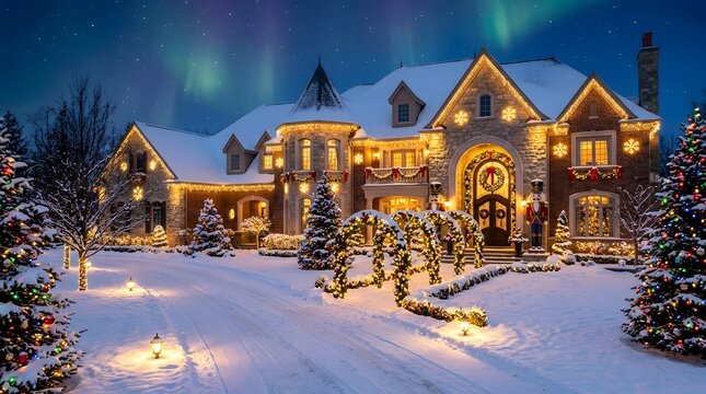 Grand stone mansion decorated with Christmas lights under aurora borealis
