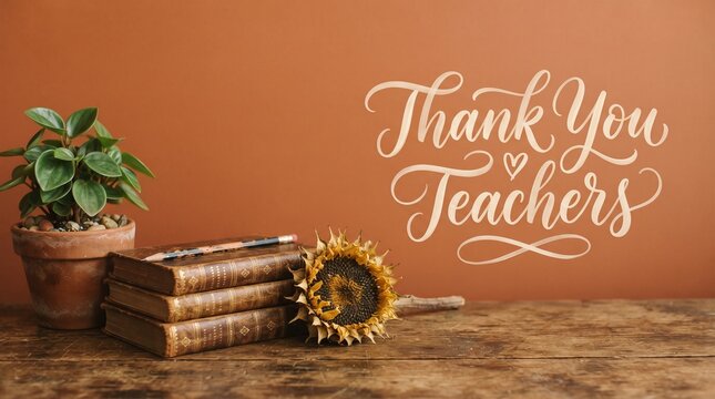 Thank you teachers appreciation still life with sunflower and vintage books