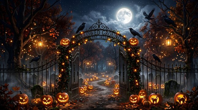 Spooky Halloween cemetery gate with glowing jack-o'-lanterns and ravens