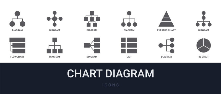 Set of 12 solid Chart Diagram icons for dashboards, app screens and website sections. Filled glyph collection including diagram, diagram, diagram, and