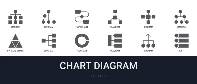 Set of 12 solid Chart Diagram icons for dashboards, app screens and website sections. Filled glyph collection including diagram, diagram, diagram, and pie chart.