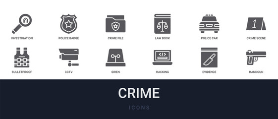 Set of 12 solid Crime icons for dashboards, app screens and website sections. Filled glyph collection including police badge, law book, crime scene, cctv and Siren. © William