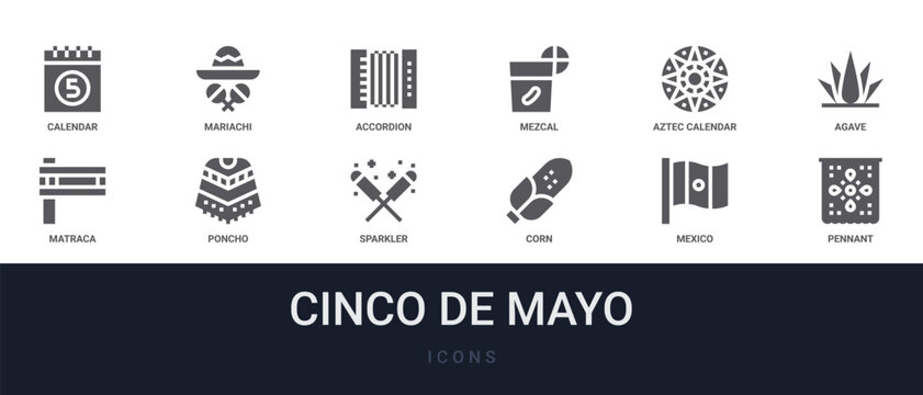 Set of 12 solid Cinco De Mayo icons for dashboards, app screens and website sections. Filled glyph collection including mariachi, mezcal, agave, poncho and sparkler.