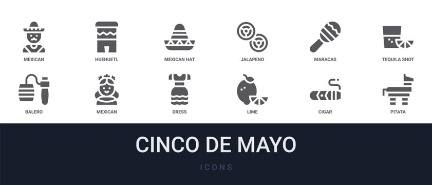 Set of 12 solid Cinco De Mayo icons for dashboards, app screens and website sections. Filled glyph collection including huehuetl, jalapeno, tequila shot, mexican and dress.