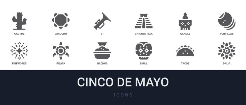 Set of 12 solid Cinco De Mayo icons for dashboards, app screens and website sections. Filled glyph collection including jarocho, chichen itza pyramid, tortillas, pi?ata and nachos.