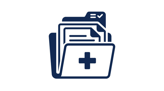 Blue medical records folder icon with patient files and document stack illustration.