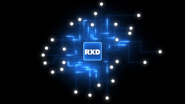 RXD Data Receive Circuit Animation with Glowing Digital Chip, Electronic Signal Path, Serial Communication Interface, PCB Network Technology Background.