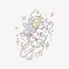 Fototapeta premium A whimsical, celestial illustration of a cherub angel with wings, floating amidst twinkling stars and flowing pastel ribbons. Perfect for dreamy, nursery, or heavenly themed designs.