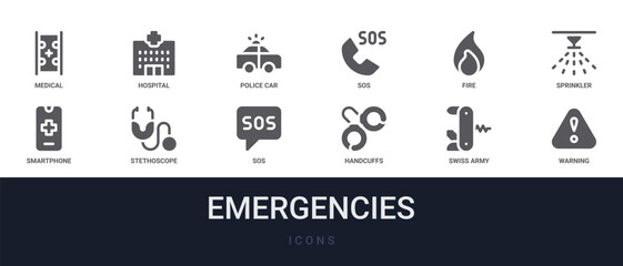 Set of 12 solid Emergencies icons for dashboards, app screens and website sections. Filled glyph collection including hospital, sos, sprinkler, stethoscope and sos. © William