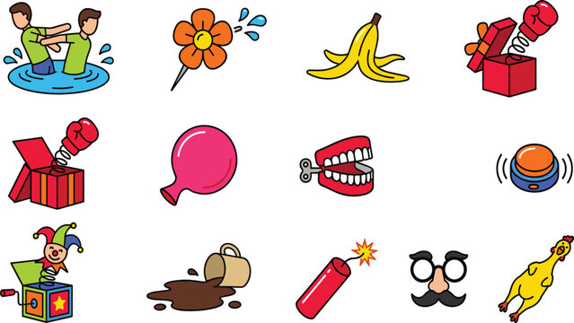 April Fools Day Practical Jokes and Prank Icon Set Featuring Jack in the Box Chattering Teeth Squirting Flower Banana Peel and Rubber Chicken Elements