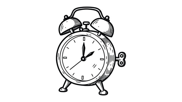 Vintage alarm clock illustration in black and white line art